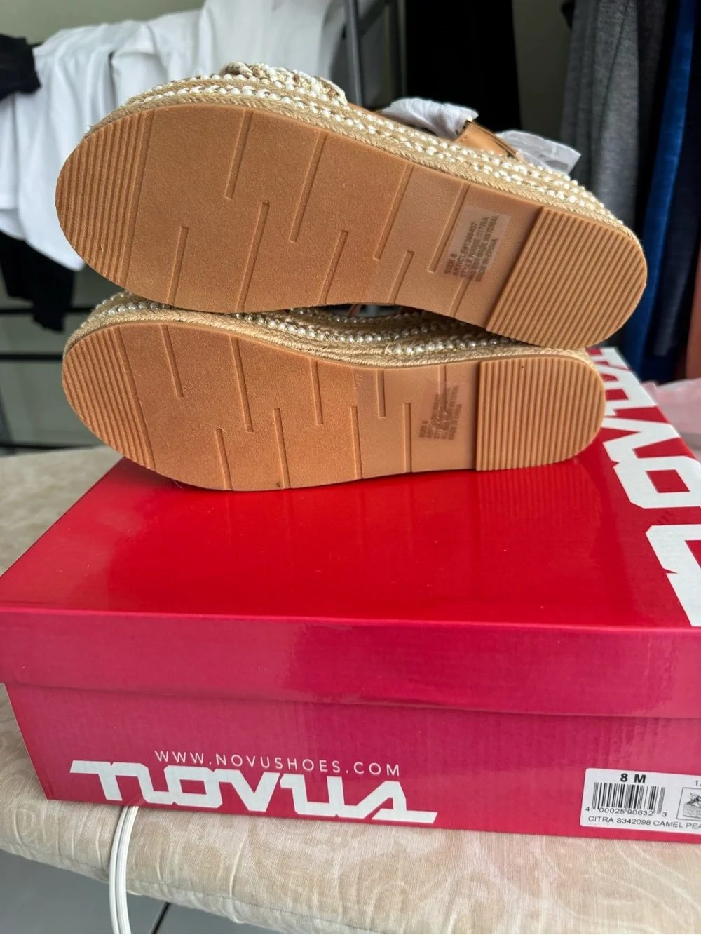 Camel Pearl-Embellished Espadrille Wedge Sandals